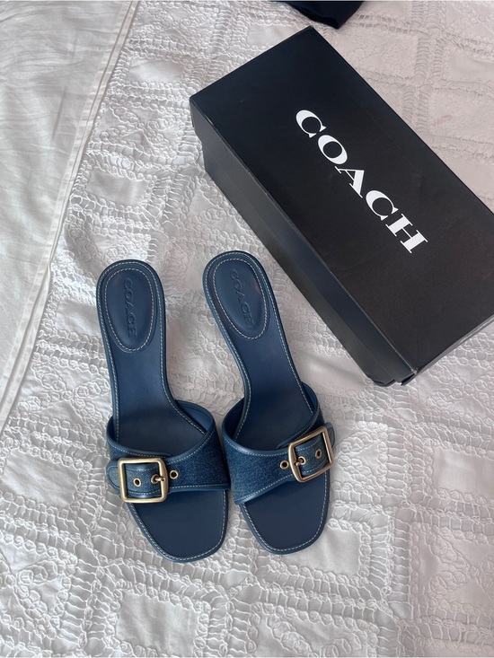 Coach Shoes - Coach Navy Slide Mules with Gold Buckle